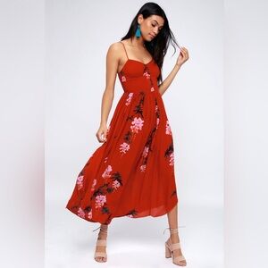 Free People Beau Red Floral Print Smocked Maxi Dress Size Small